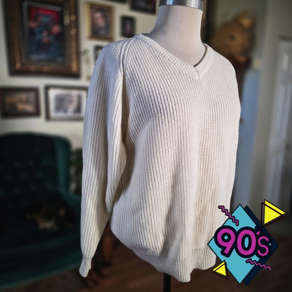 Vintage 90s Chemise Lacoste V-Neck Sweater Ribbed Knit Made in France L